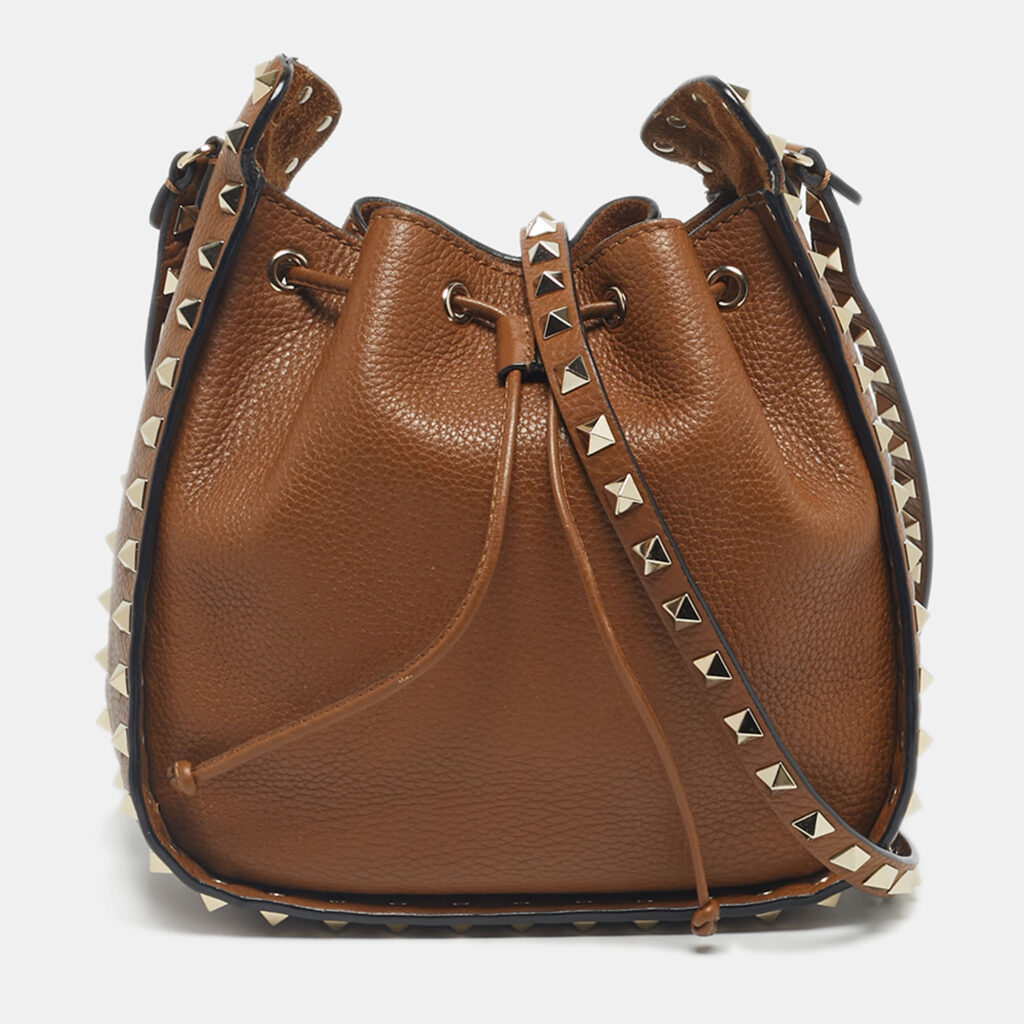 luxury-women-valentino-used-handbags-p1224870-004-1.jpg Valentino Brown Leather Rockstud Drawstring Bucket Bag