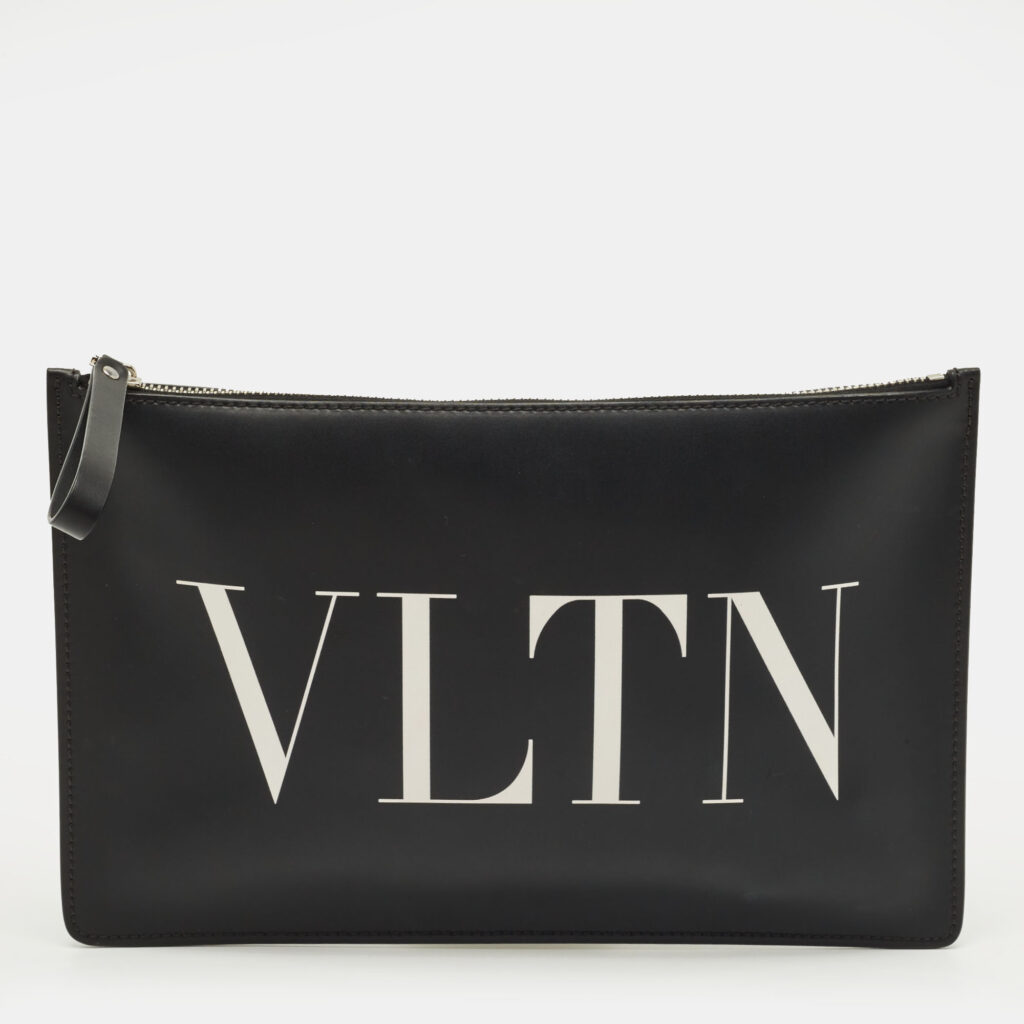 luxury-women-valentino-used-handbags-p1225544-012.jpg Valentino Black Leather Large VLTN Flat Zip Pouch