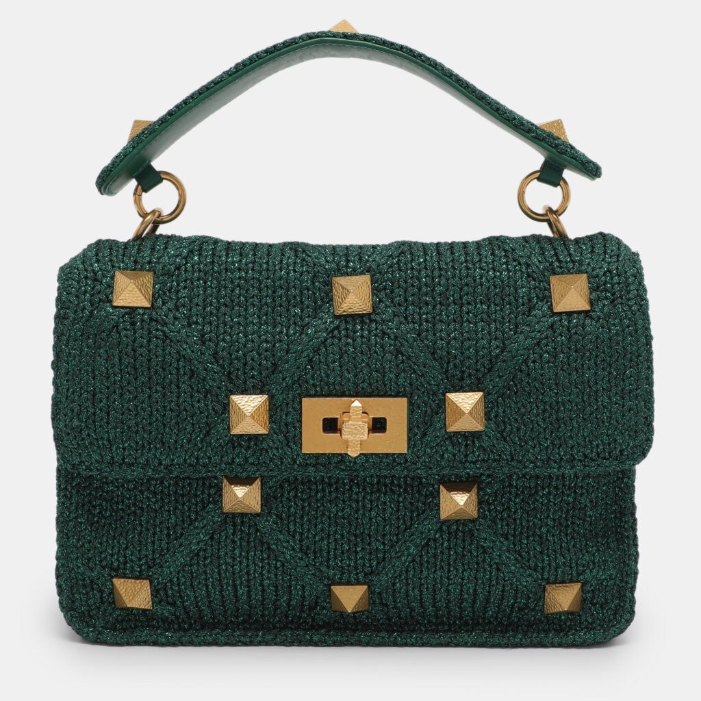 Valentino Green Knit Fabric Roman Stud Shoulder Bag Valentino Green Knit Fabric Roman Stud Shoulder Bag