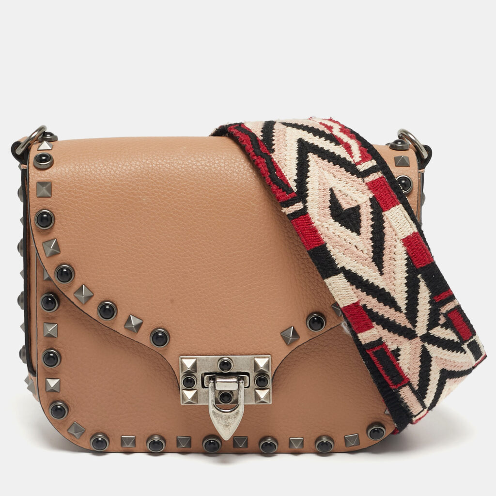 Valentino Nude Leather Rolling Rockstud Flap Shoulder Bag