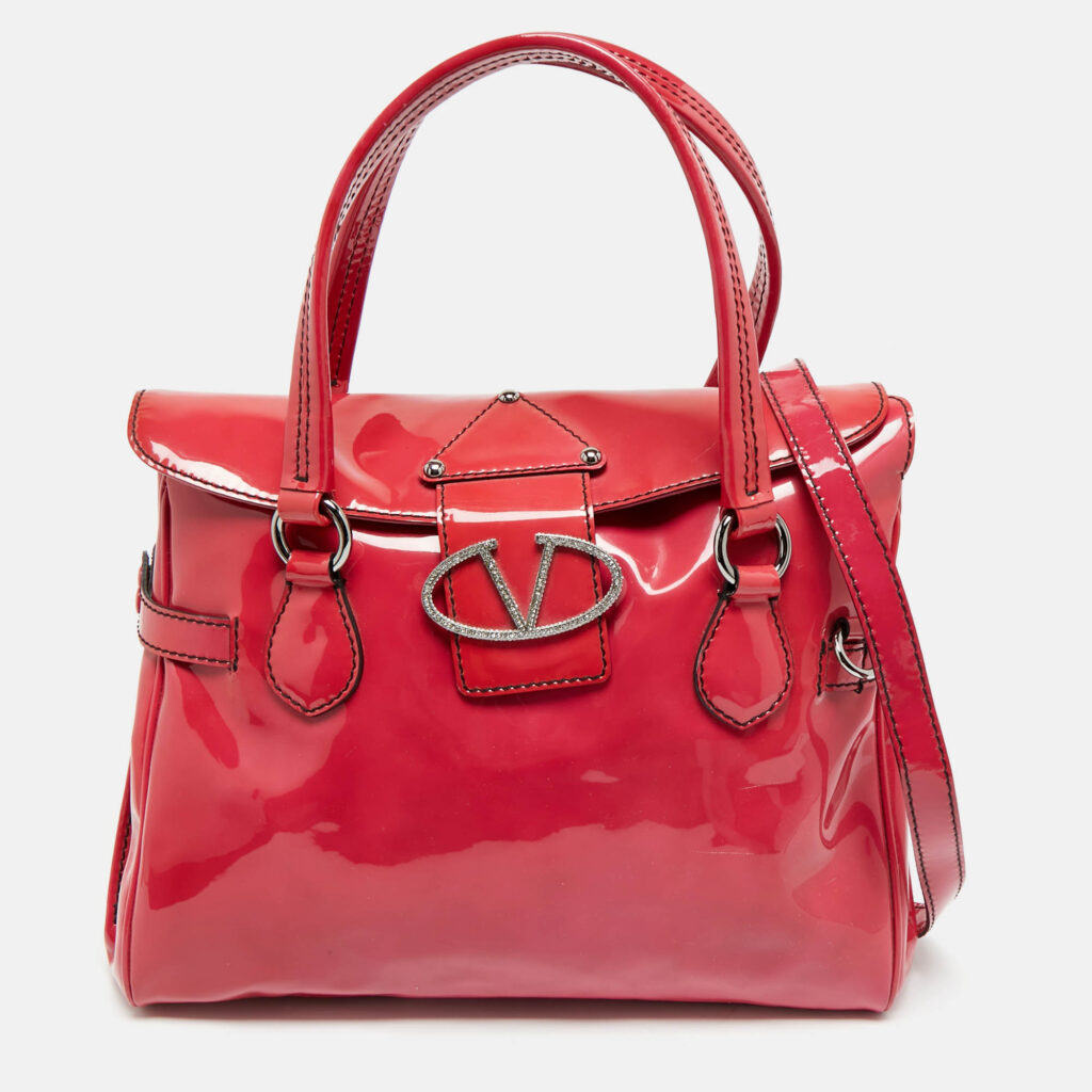 luxury-women-valentino-used-handbags-p1242007-012.jpg Valentino Fuchsia Patent Leather Crystal VLogo Satchel