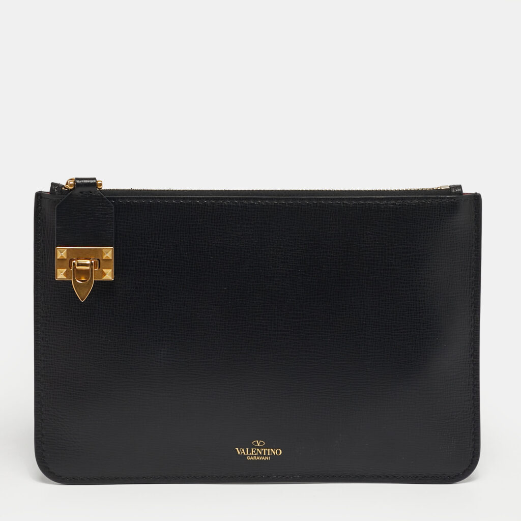 Valentino Black Leather Small Zip Flat Pouch