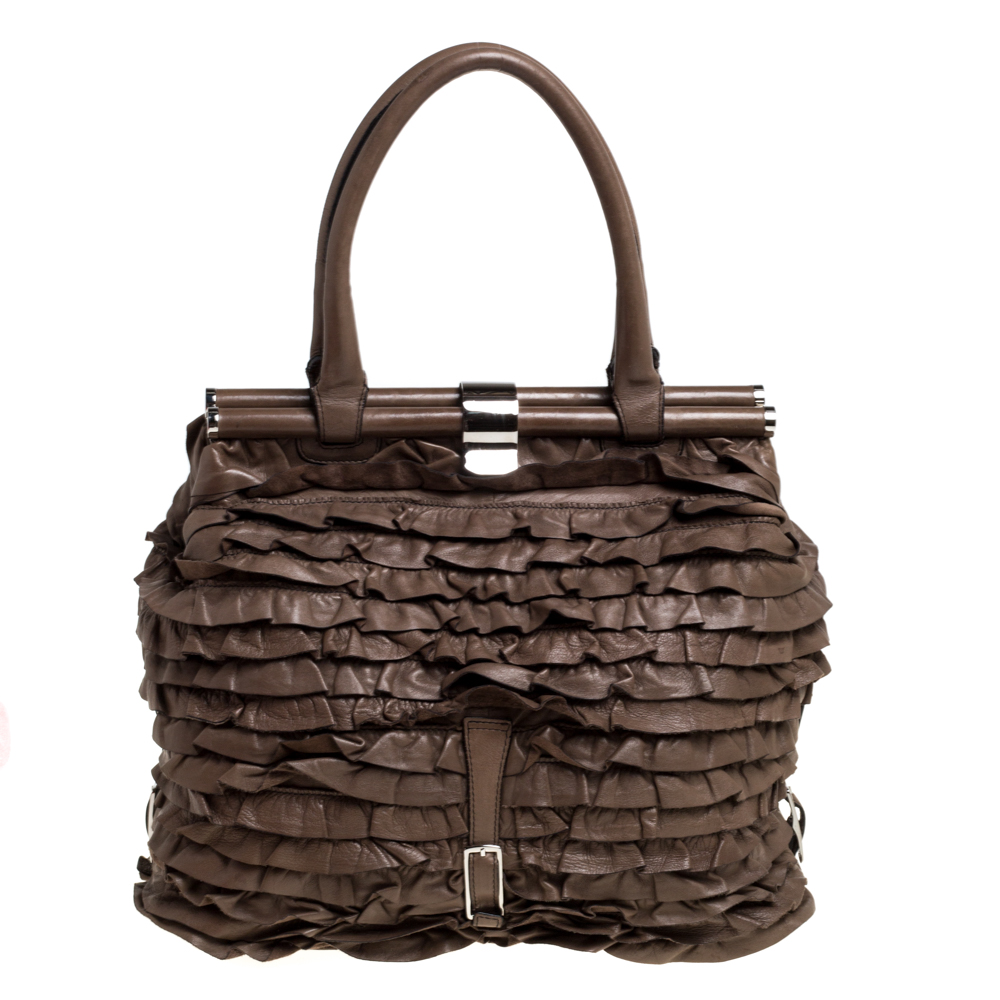 Valentino Taupe Leather Allure Ruffled Frame Bag Valentino Taupe Leather Allure Ruffled Frame Bag