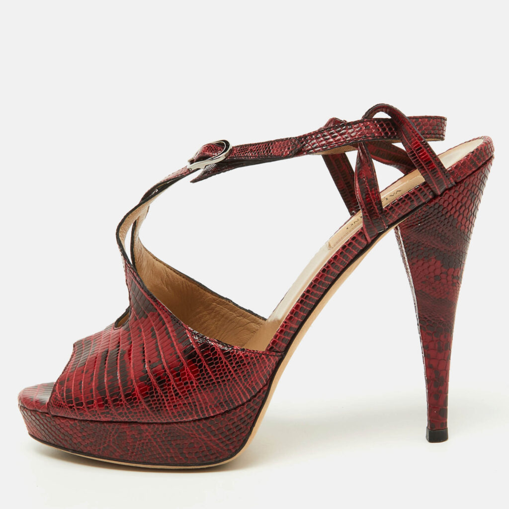 Valentino Red/Black Lizard Leather Ankle Strap Platform Sandals Size 38.5 Valentino Red/Black Lizard Leather Ankle Strap Platform Sandals Size 38.5