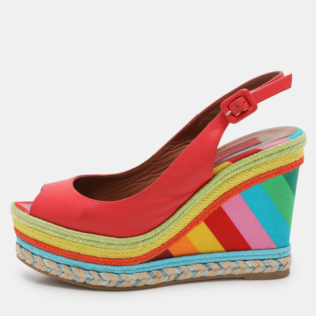 Valentino Red Leather Peep Toe Slingback Rainbow Wedge Sandals Size 38.5 Valentino Red Leather Peep Toe Slingback Rainbow Wedge Sandals Size 38.5