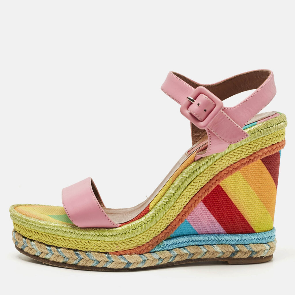 Valentino Pink Leather And Multicolor Chevron Wedge Ankle Strap Sandals Size 36