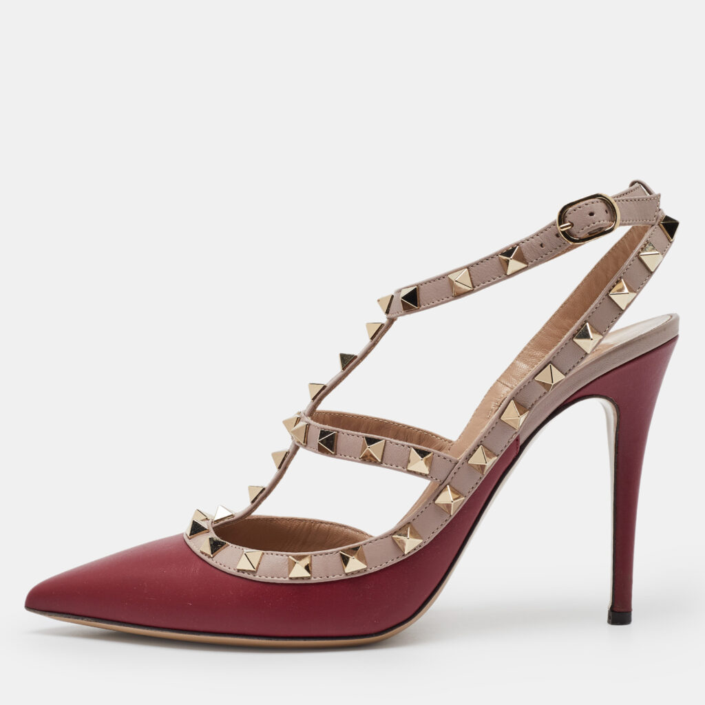 Valentino Red/Pink Leather Rockstud Strappy Pointed Toe Pumps Size Size 39