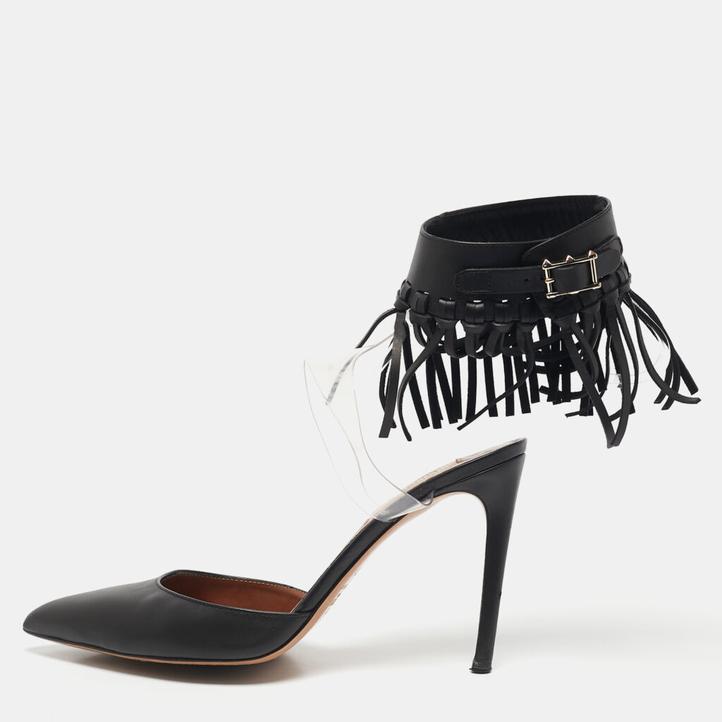 Valentino Black Leather and PVC C-Rockee Fringe Ankle Wrap Pumps Size 37.5 Valentino Black Leather and PVC C-Rockee Fringe Ankle Wrap Pumps Size 37.5