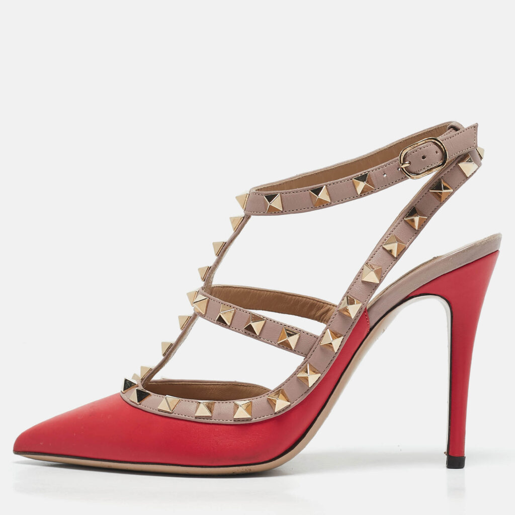 Valentino Red/Beige Leather Rockstud Caged Pumps Size 36.5 Valentino Red/Beige Leather Rockstud Caged Pumps Size 36.5