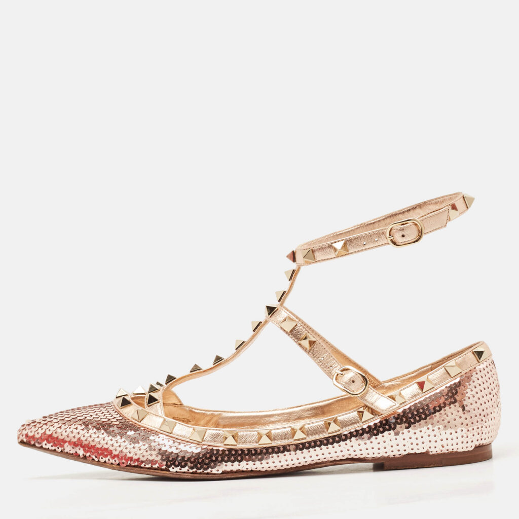 Valentino Rose Gold Sequins and Leather Rockstud Caged Ballet Flats Size 39.5 Valentino Rose Gold Sequins and Leather Rockstud Caged Ballet Flats Size 39.5