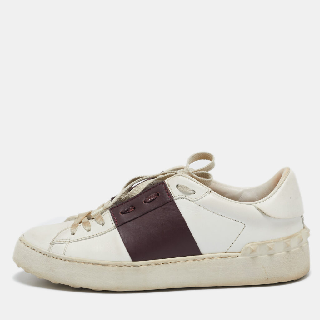 Valentino White and Burgundy Leather Open Low Top Sneakers Size 37 Valentino White and Burgundy Leather Open Low Top Sneakers Size 37