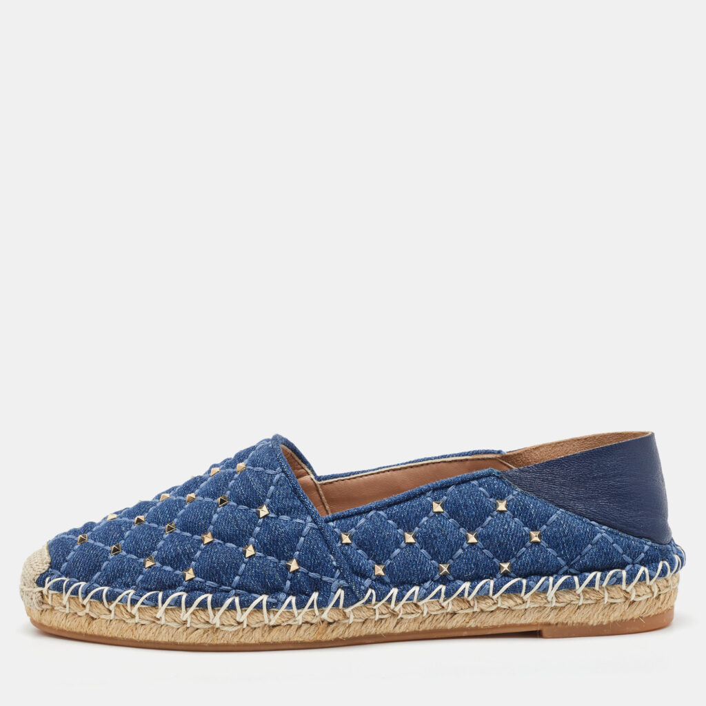 luxury-women-valentino-used-shoes-p1163486-006-1.jpg Valentino Blue Quilted Denim Rockstud Slip On Espadrille Flats Size 35