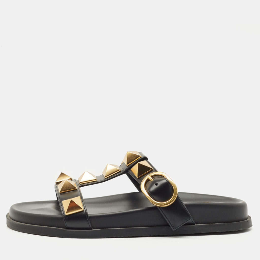 Valentino Black Leather Roman Stud Flat Slide Sandals Size 36