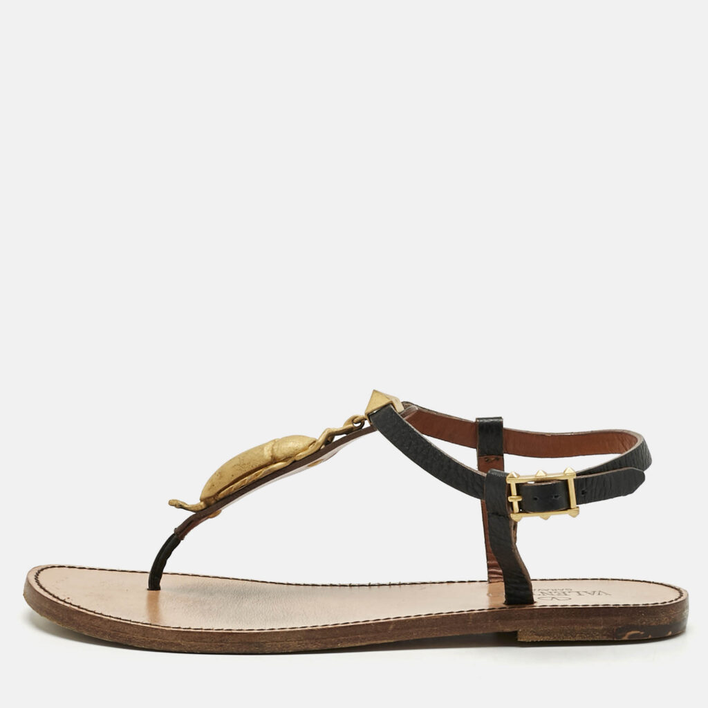 Valentino Black Leather Embellished Thong Flat Sandals Size 37.5