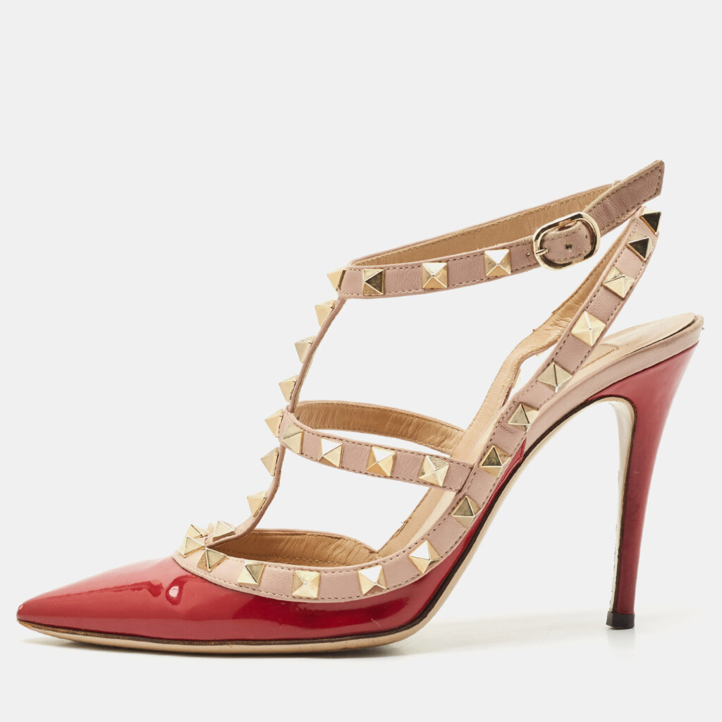Valentino Red/Beige Patent Leather Rockstud Ankle Strap Pumps Size 36.5 Valentino Red/Beige Patent Leather Rockstud Ankle Strap Pumps Size 36.5