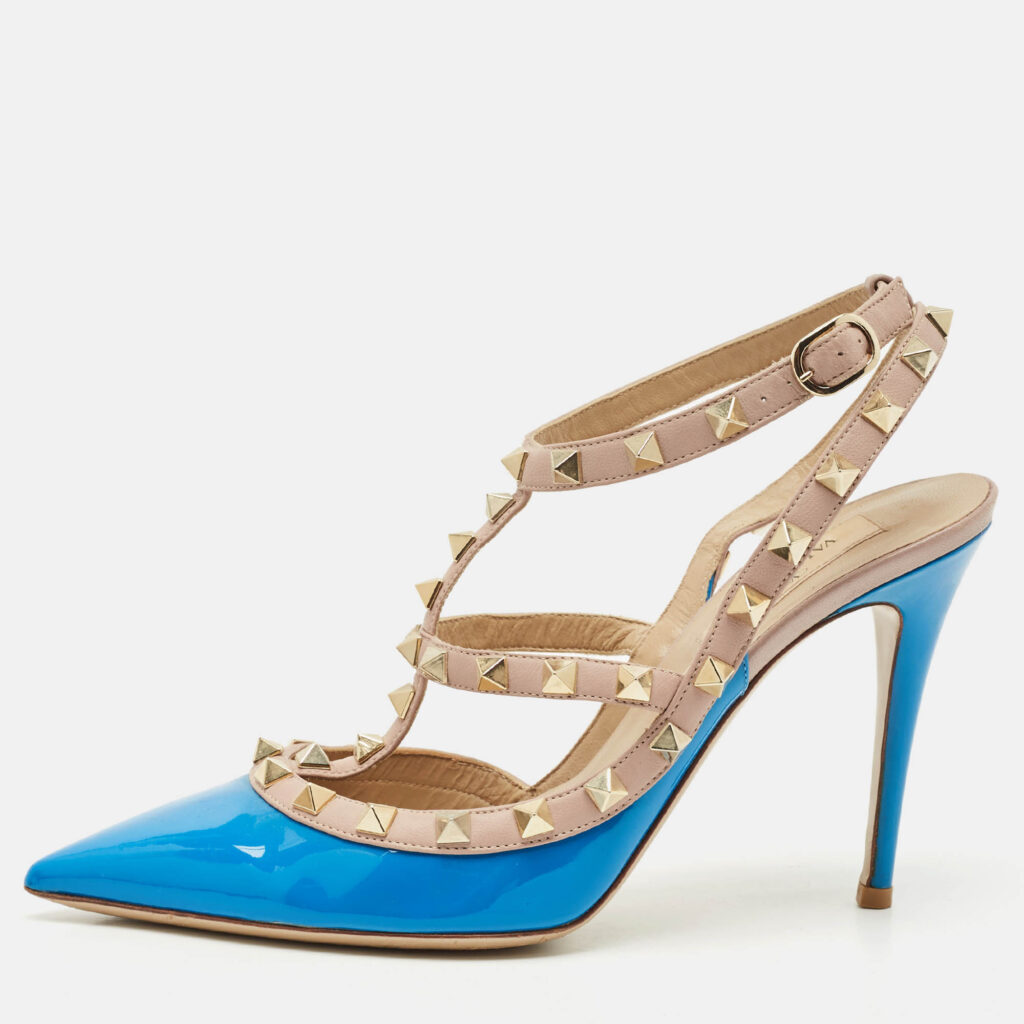 Valentino Blue/Beige Patent Leather And Leather Rockstud Ankle Strap Sandals Size 37.5 Valentino Blue/Beige Patent Leather And Leather Rockstud Ankle Strap Sandals Size 37.5