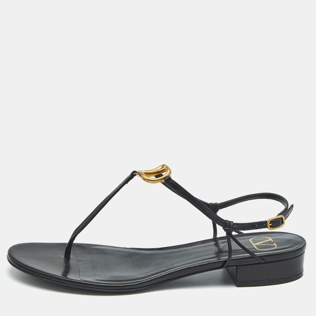 Valentino Black Leather VLogo Thong Sandals Size 40