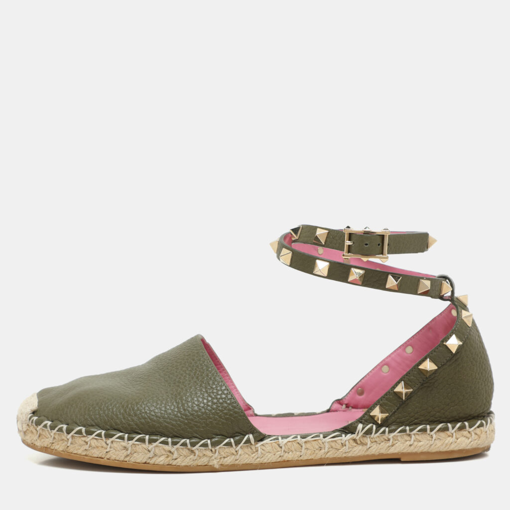 Valentino Olive Green Leather Rockstud Ankle Strap Espadrille Flats Size 40
