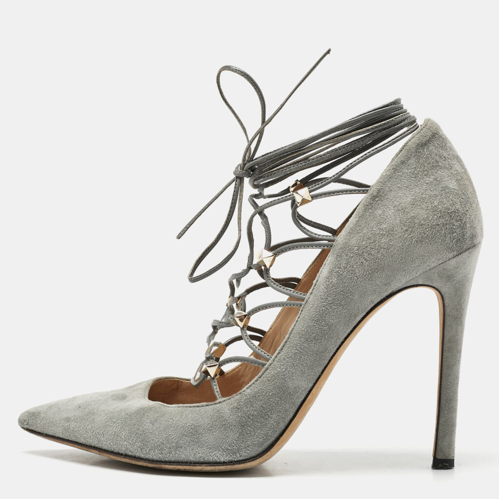 Valentino Grey Suede Rockstud Ankle Wrap Pointed Toe Pumps Size 38 Valentino Grey Suede Rockstud Ankle Wrap Pointed Toe Pumps Size 38