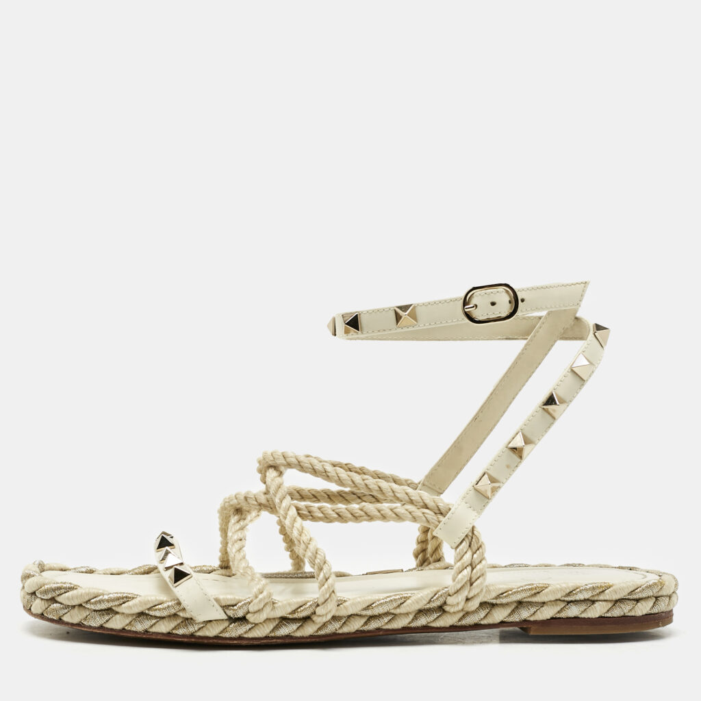 Valentino Cream Woven Fabric Rockstud Torchon Sandals Size 38