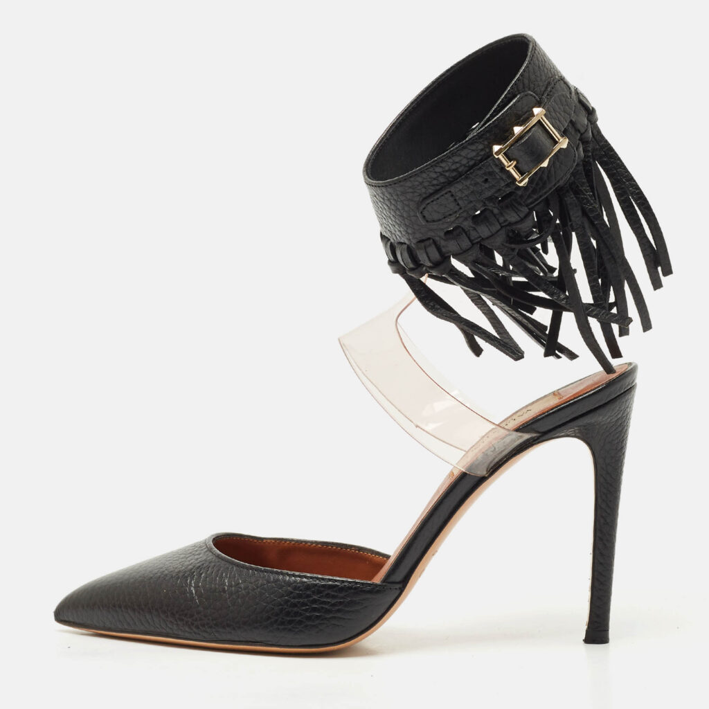 Valentino Black Leather C-Rockee Fringe Ankle Strap Sandals Size 35