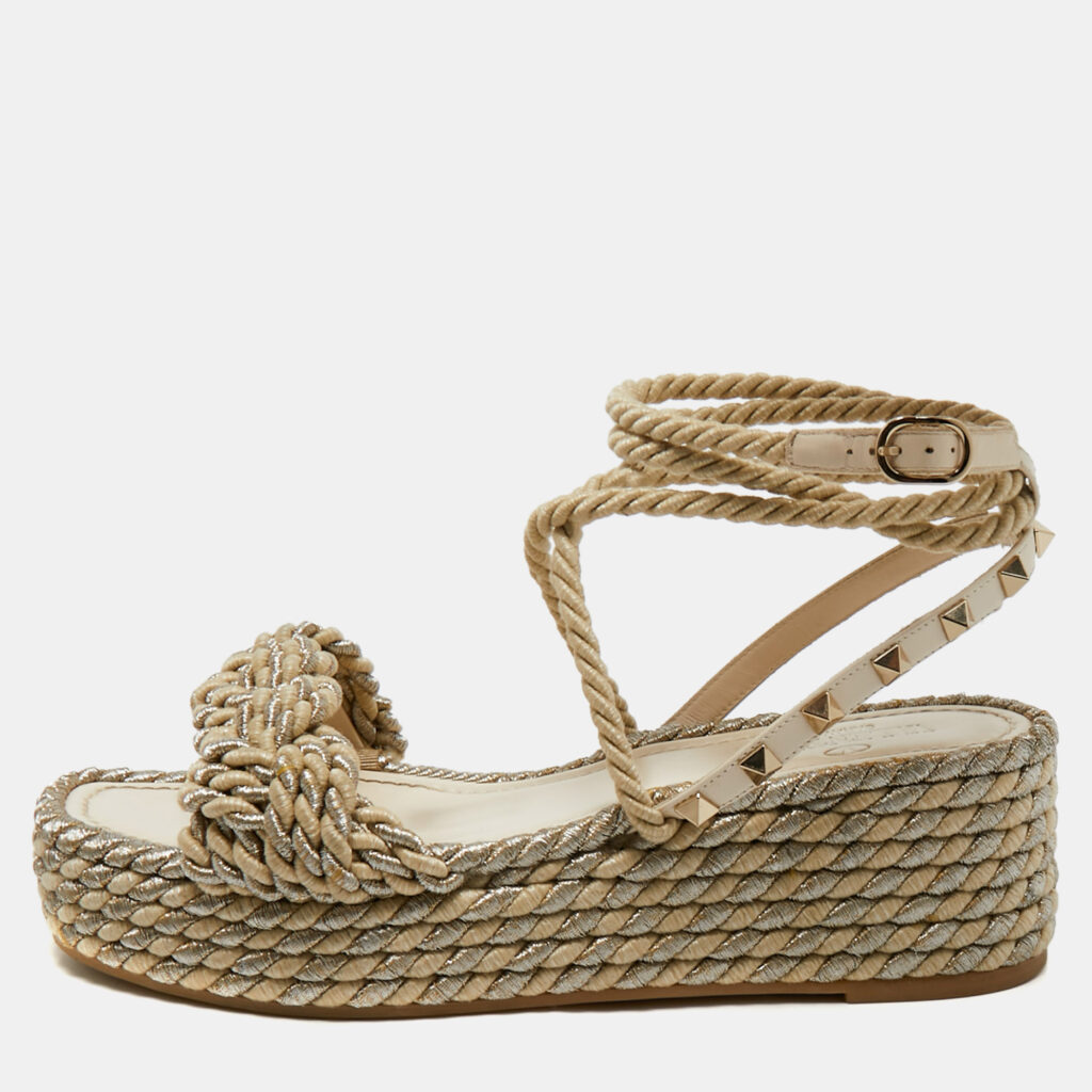 Valentino Light Gold/Cream Leather and Rope Rockstud Torchon Wedge Sandals Size 38 Valentino Light Gold/Cream Leather and Rope Rockstud Torchon Wedge Sandals Size 38