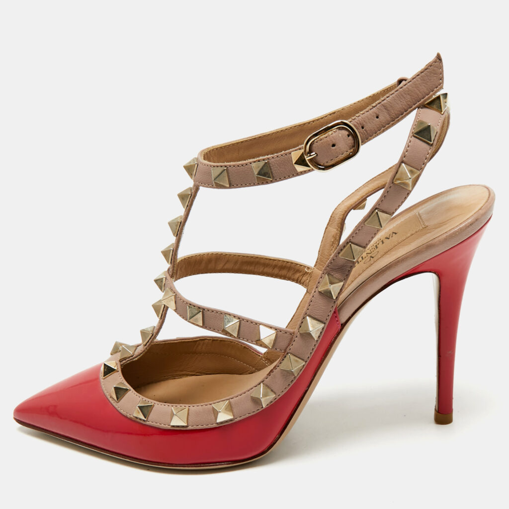 Valentino Red/Beige Patent Leather Rockstud Ankle Strap Pumps Size 37.5 Valentino Red/Beige Patent Leather Rockstud Ankle Strap Pumps Size 37.5