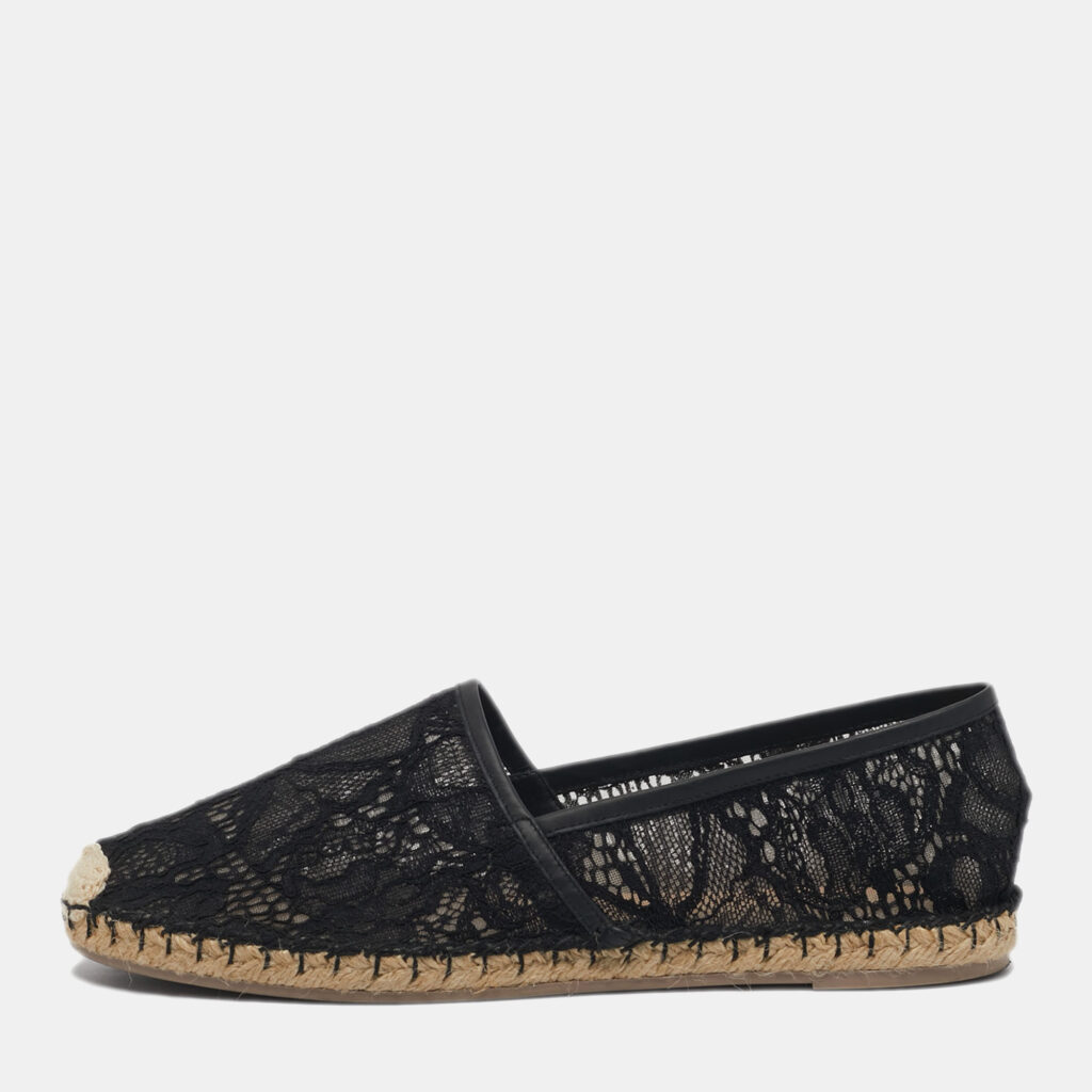 Valentino Black Lace and Leather Espadrille Flats Size 40