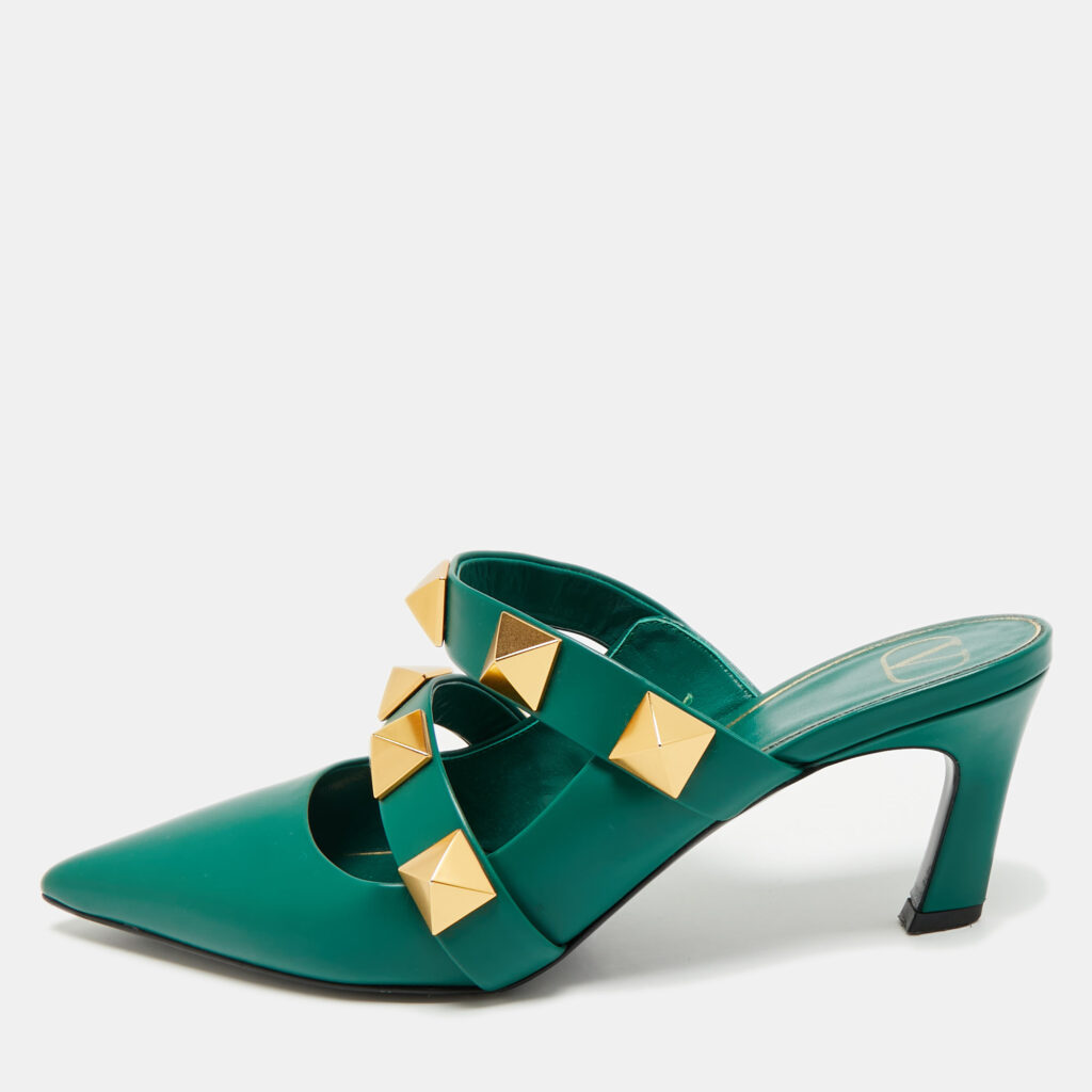 Valentino Dark Green Leather Roman Stud Pointed Toe Mules Size 39.5 Valentino Dark Green Leather Roman Stud Pointed Toe Mules Size 39.5