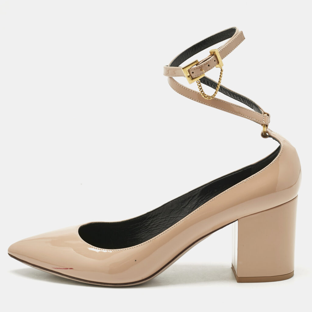Valentino Beige Patent Leather Tango Block Heel Ankle Strap Pumps Size 40.5