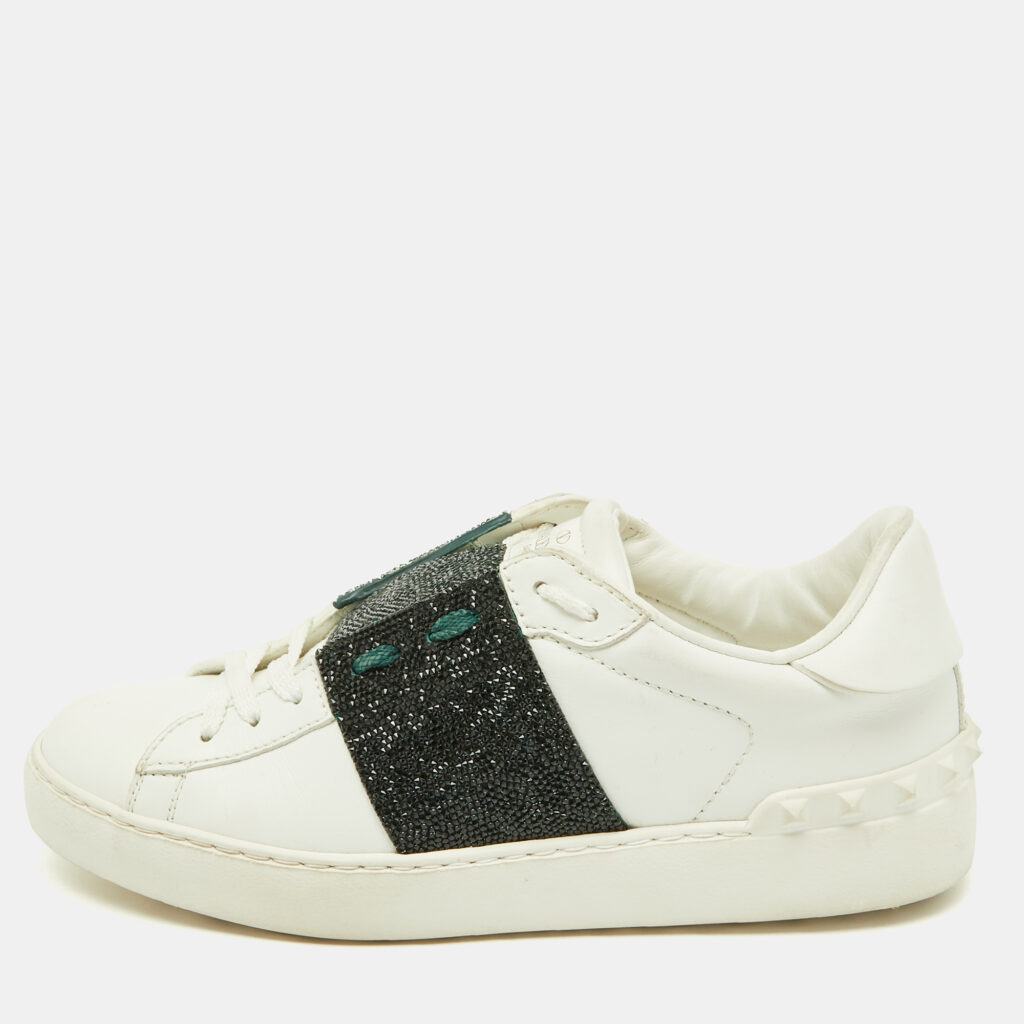 Valentino White/Green Glitter and Leather Rockstud Low Top Sneakers Size 38