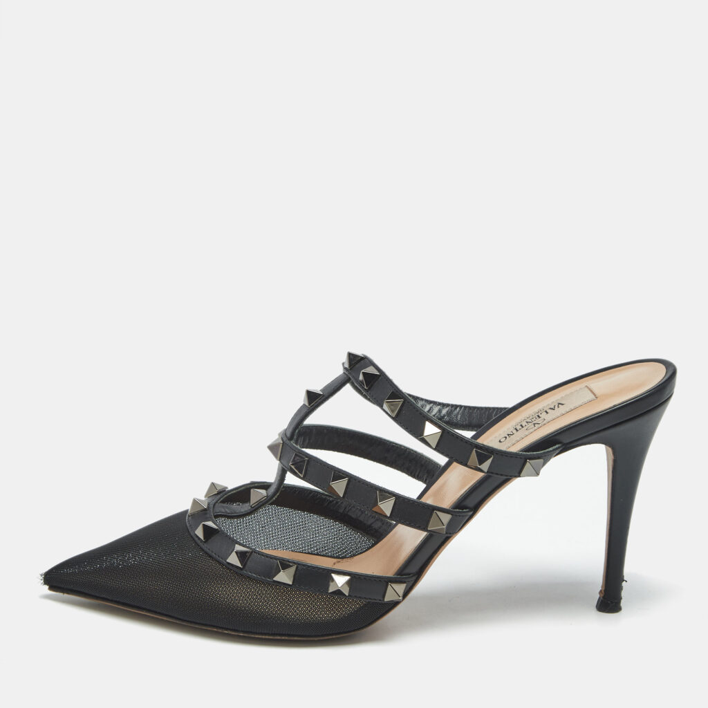 Valentino Black Leather and Mesh Rockstud Heel Mules Size 39