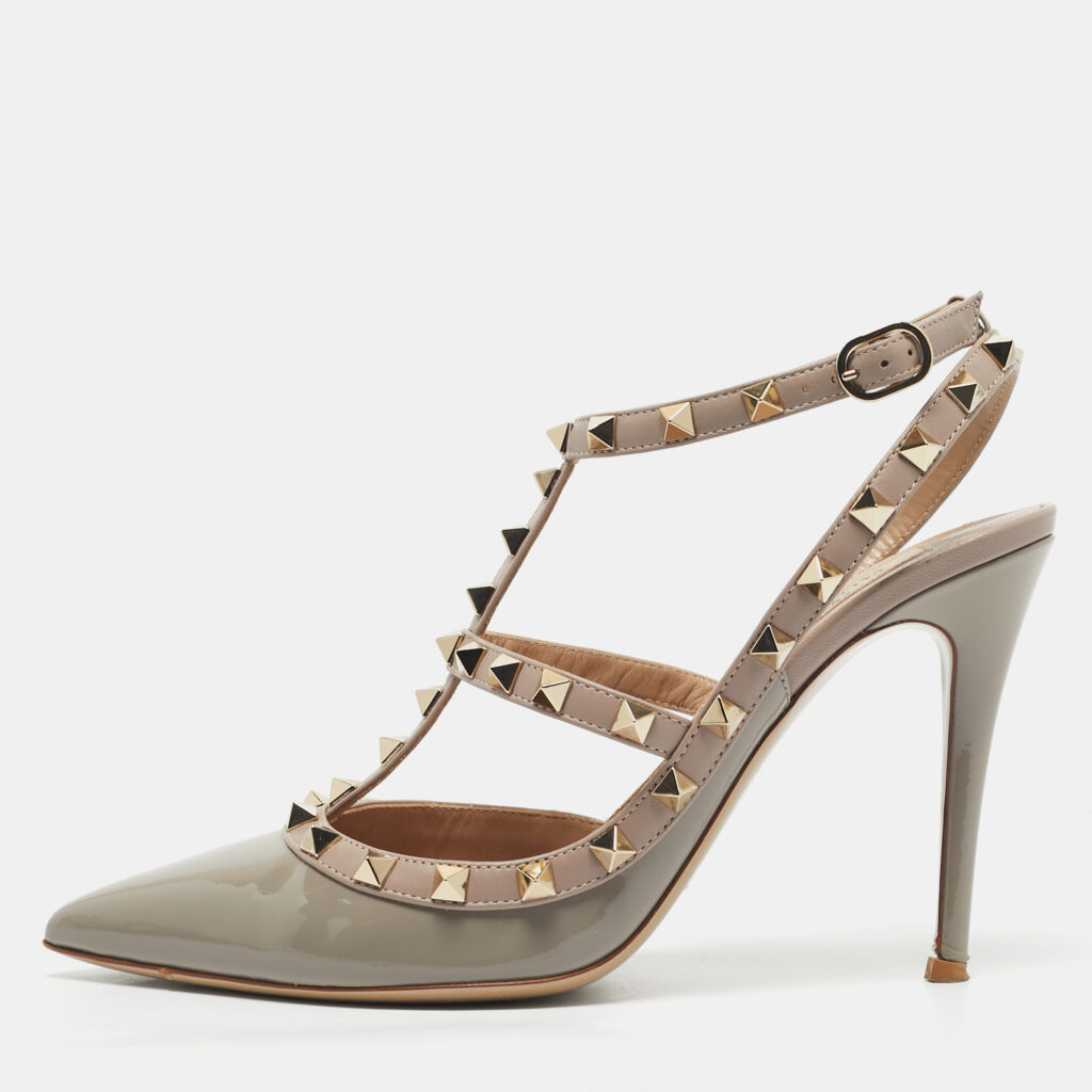 Valentino Grey/Beige Patent and Leather Rockstud Ankle Strap Pumps Size 39