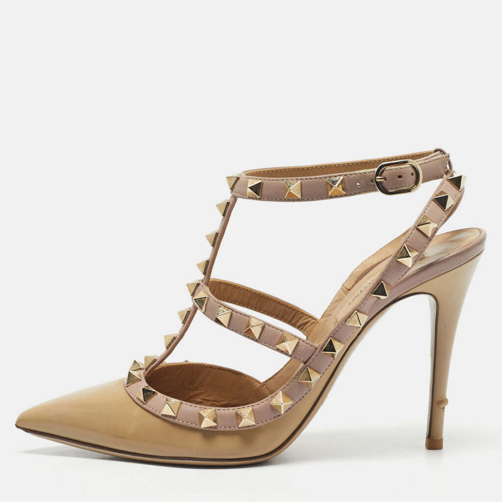 Valentino Beige Patent Leather Rockstud Ankle Strap Pumps Size 36 Valentino Beige Patent Leather Rockstud Ankle Strap Pumps Size 36