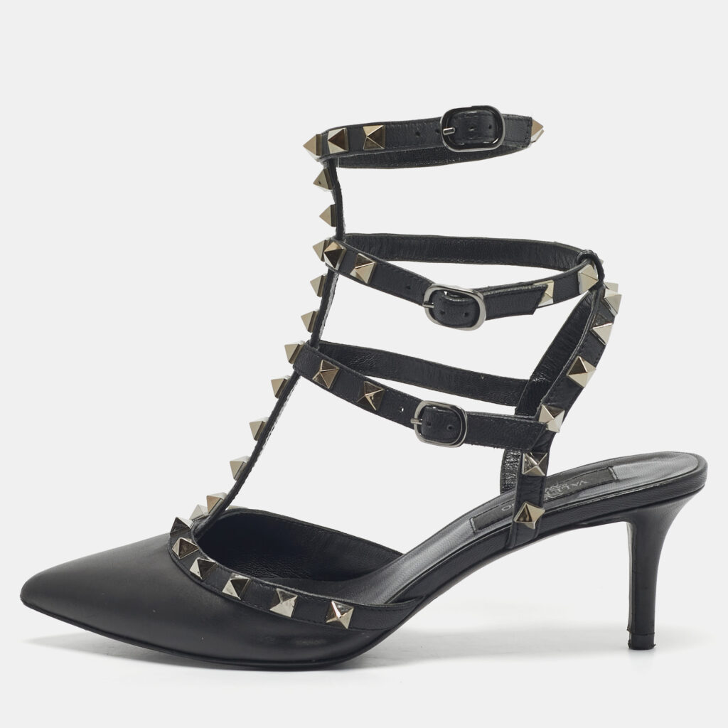 Valentino Black Leather Rockstud Caged Ankle Strap Pumps Size 37 Valentino Black Leather Rockstud Caged Ankle Strap Pumps Size 37