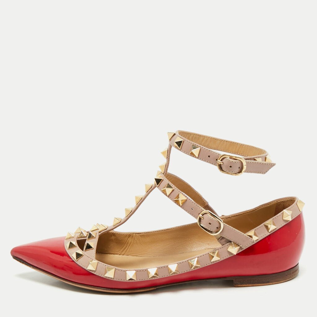 Valentino Red/Beige Patent Leather Rockstud Cage Ballet Flats Size 35.5 Valentino Red/Beige Patent Leather Rockstud Cage Ballet Flats Size 35.5