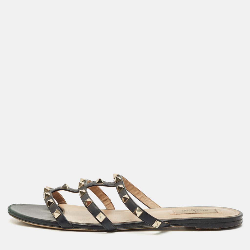 Valentino Black Leather Rockstud Flat Slide Size 40 Valentino Black Leather Rockstud Flat Slide Size 40