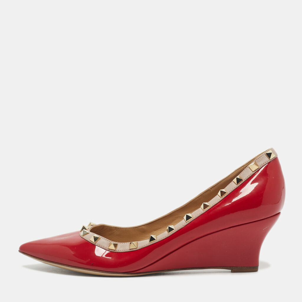 Valentino Red/Beige Patent and Leather Wedge Rockstud Pumps Size 39.5