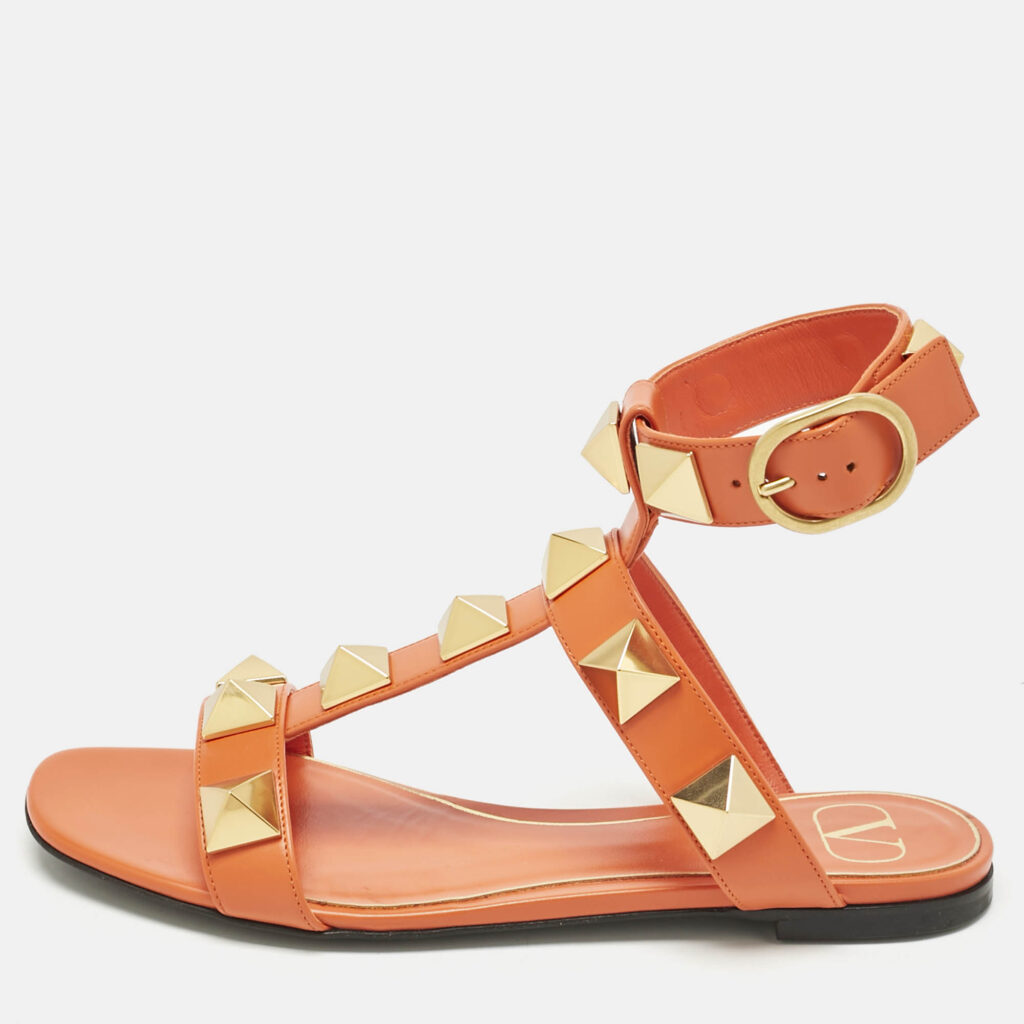 Valentino Orange Leather Roman Stud Ankle Strap Flat Sandals Size 36 Valentino Orange Leather Roman Stud Ankle Strap Flat Sandals Size 36