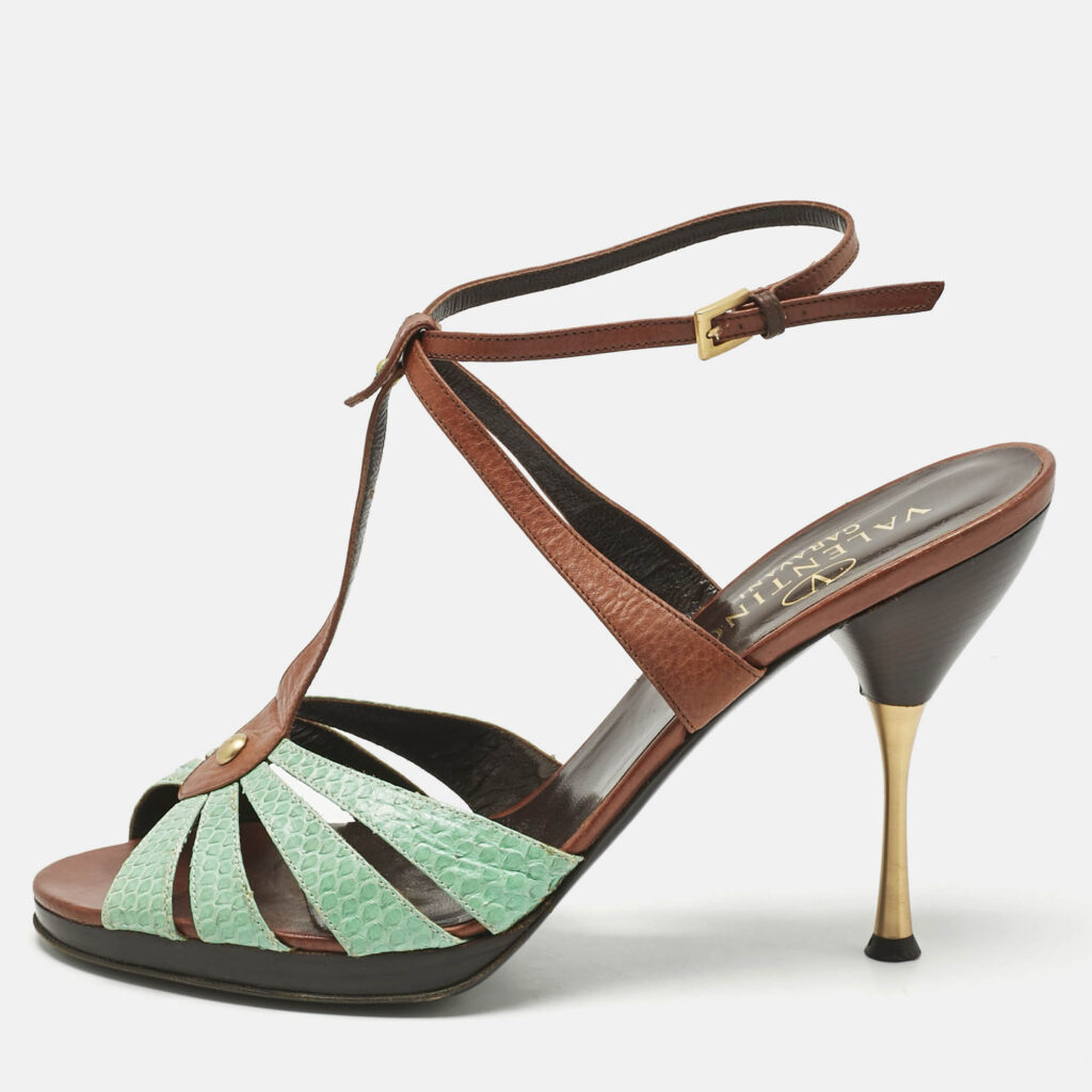 Valentino Brown/Mint Green Leather and Python T Strap Sandals Size 41
