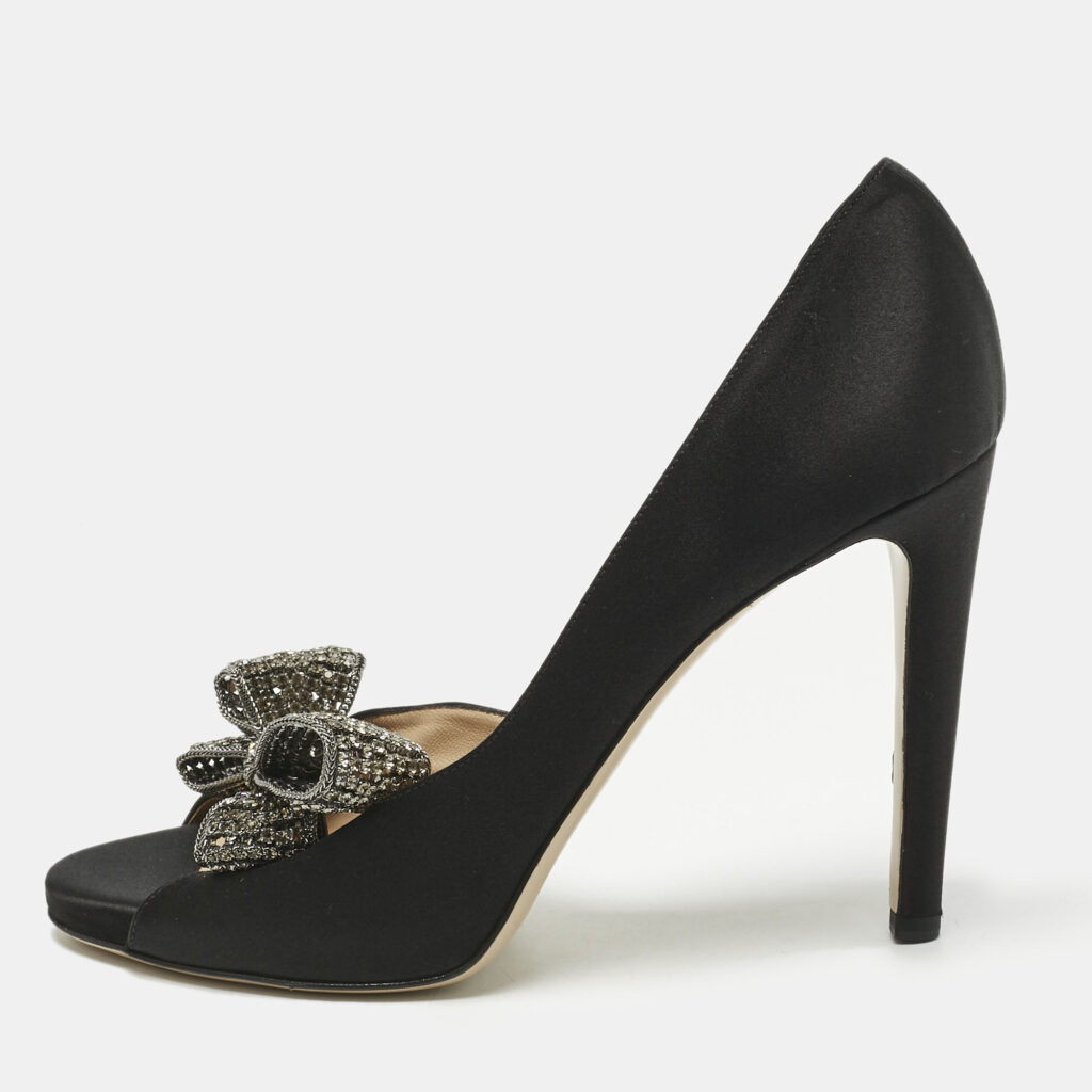 Valentino Black Satin Crystal Embellished Bow Peep Toe D'orsay Pumps Size 39.5 Valentino Black Satin Crystal Embellished Bow Peep Toe D'orsay Pumps Size 39.5
