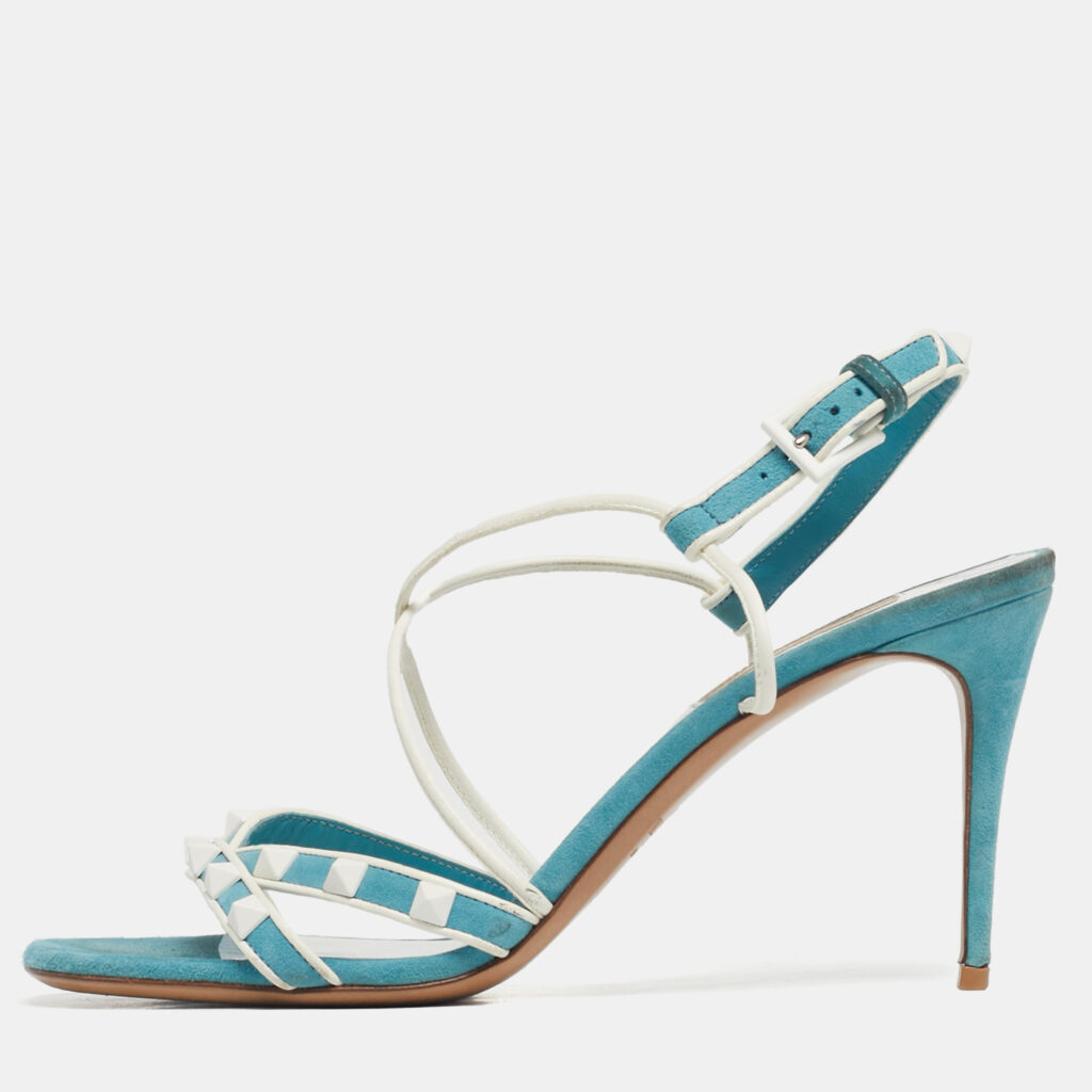 Valentino Blue/White Suede and Leather Rockstud Strappy Sandals Size 38