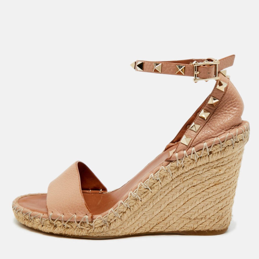 Valentino Beige Leather Rockstud Wedge Sandals Size 38