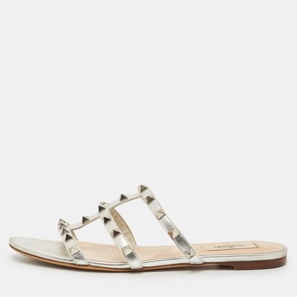 Valentino Silver Leather Rockstud Flat Slide Size 39 Valentino Silver Leather Rockstud Flat Slide Size 39