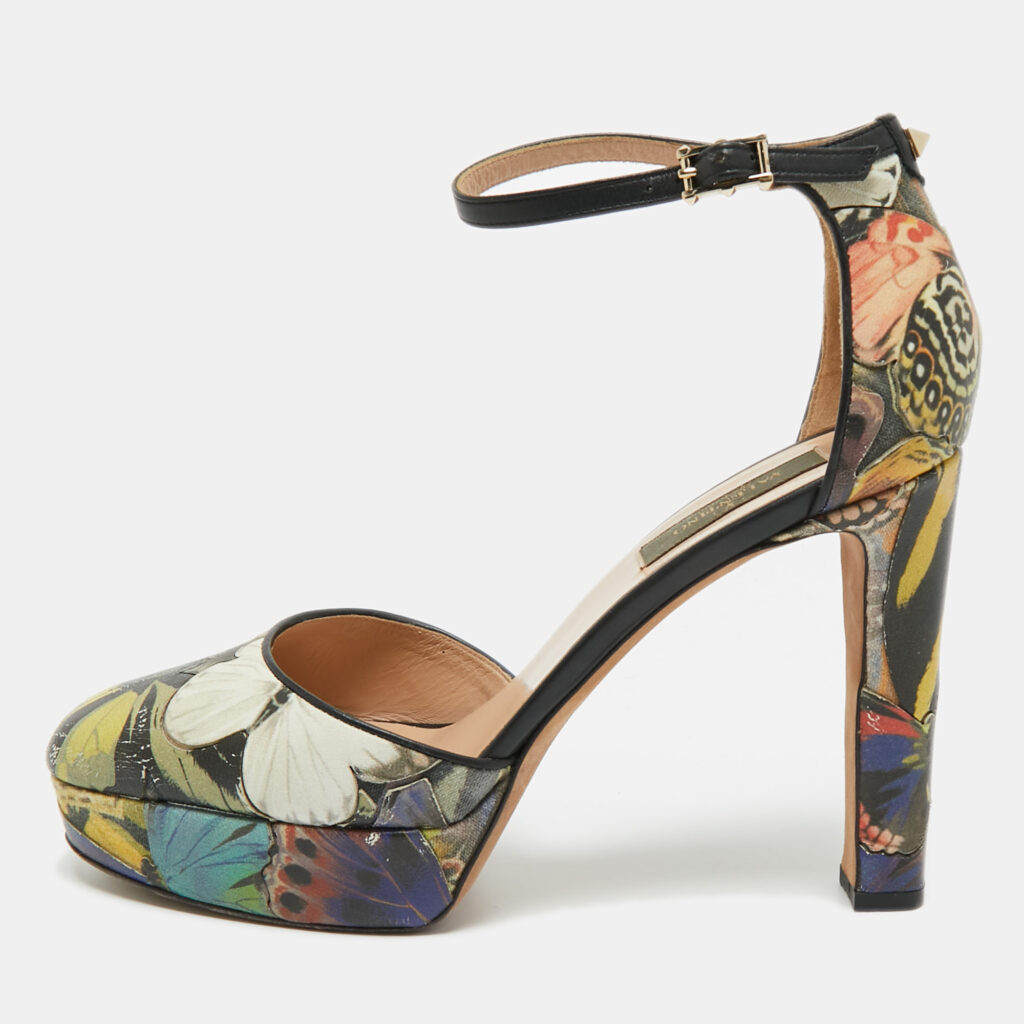 Valentino Multicolor Printed Leather Butterfly Ankle Strap Platform Pumps Size 38