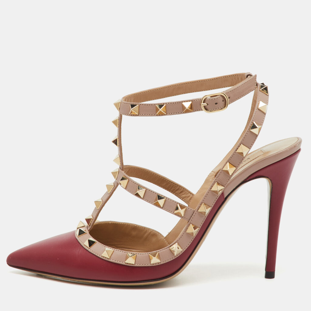 Valentino Red/Beige Leather Rockstud Ankle Strap Pumps Size 39.5 Valentino Red/Beige Leather Rockstud Ankle Strap Pumps Size 39.5