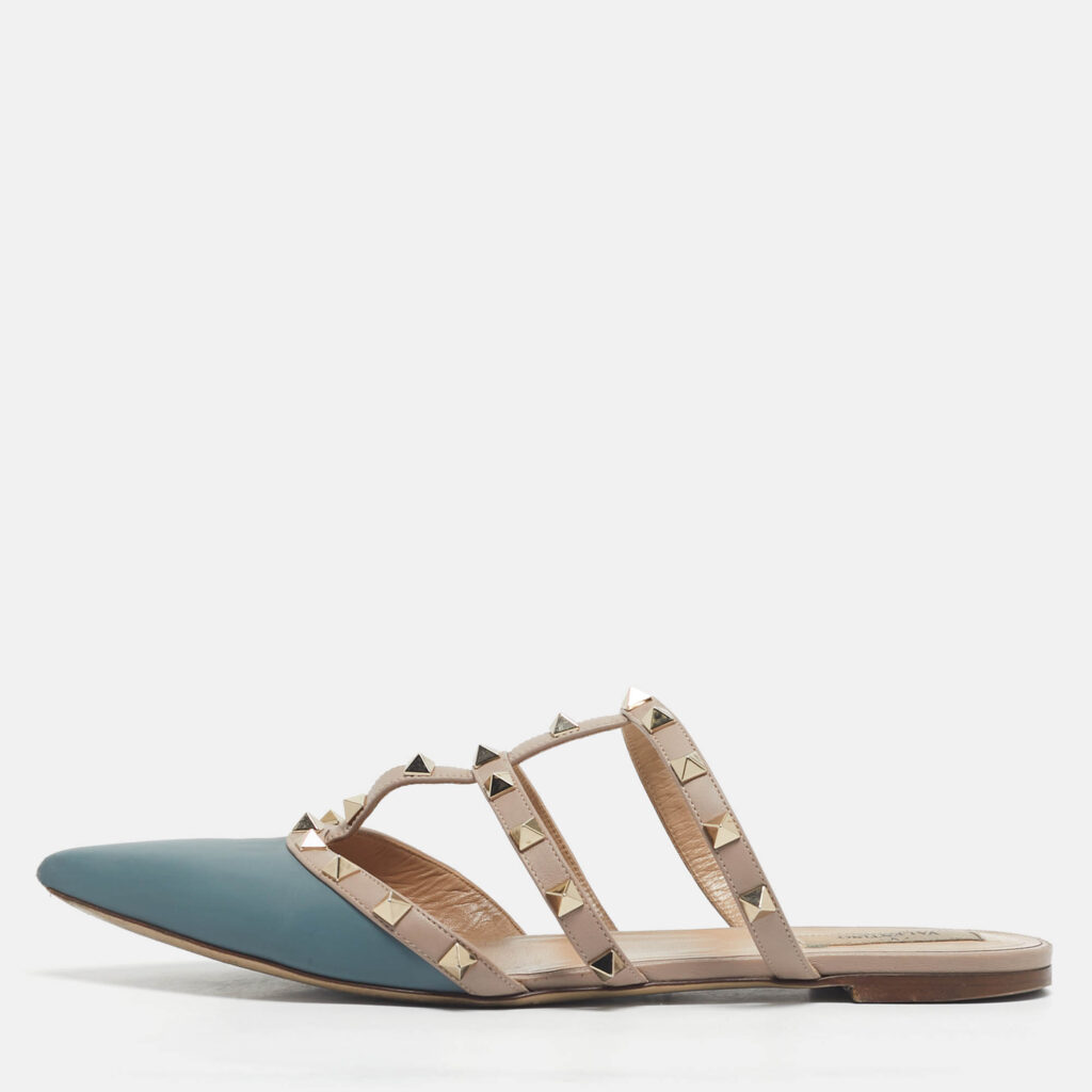 Valentino Grey/Beige Leather Rockstud Mules Size 41