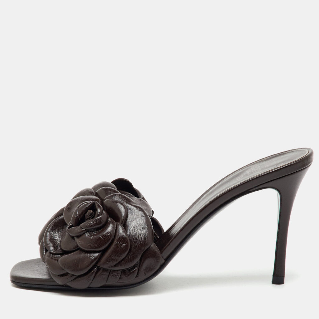 Valentino Dark Brown Leather Atelier 03 Rose Edition Slide Sandals Size 37