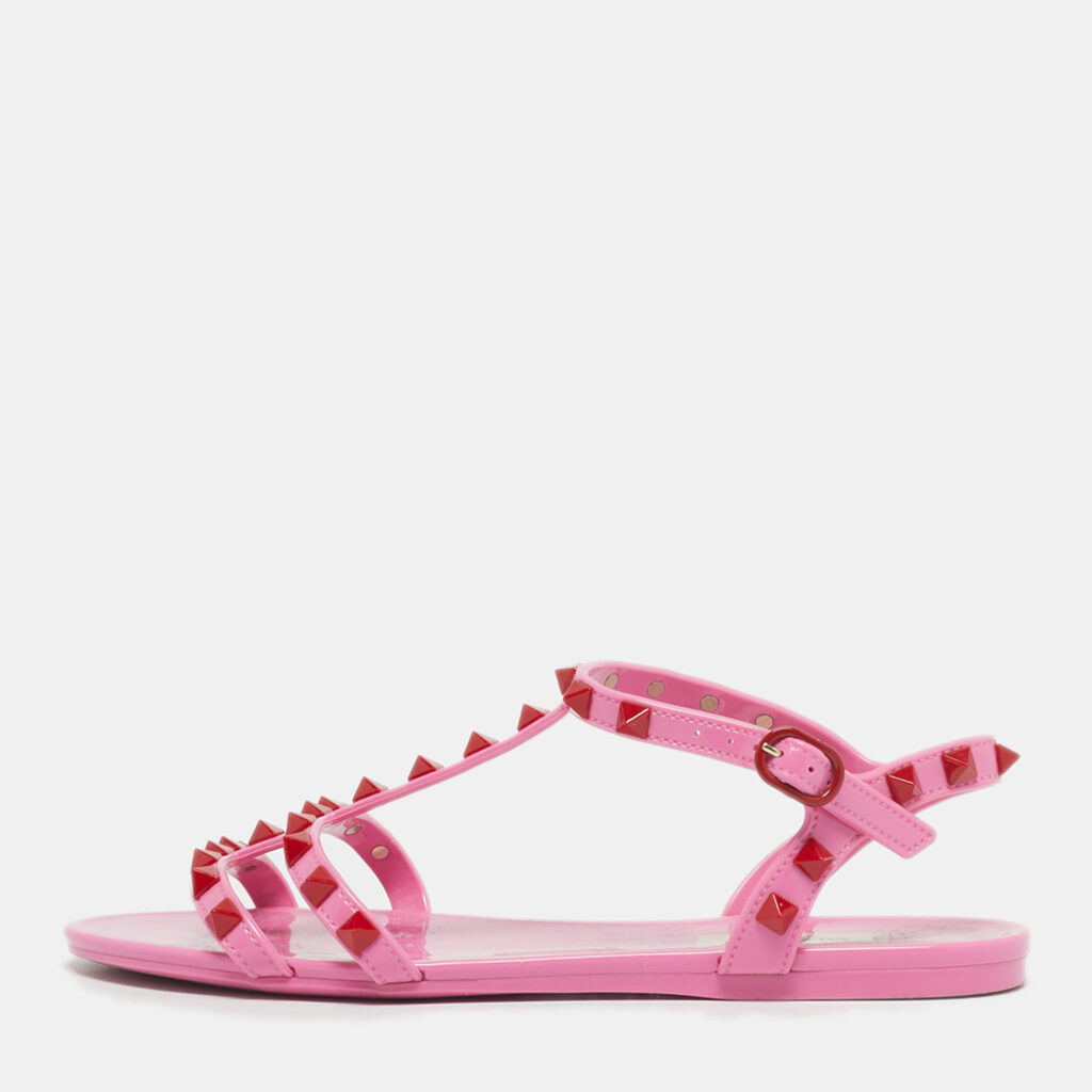 Valentino Pink Rubber Rockstud Ankle Strap Flat Sandals Size 36