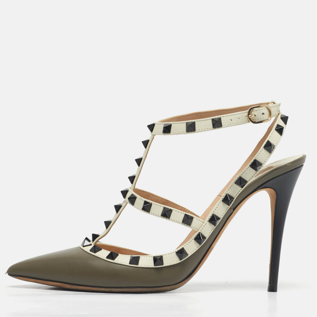 Valentino Grey/Cream Leather Rockstud Ankle Strap Pumps Size 41 Valentino Grey/Cream Leather Rockstud Ankle Strap Pumps Size 41